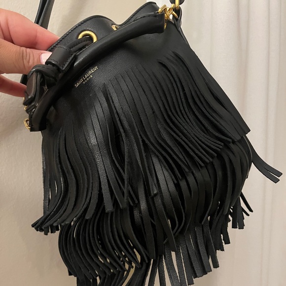 SAINT LAURENT SMALL EMMANUELLE BLACK LEATHER FRINGE BUCKET CROSSBODY BAG - Picture 11 of 13